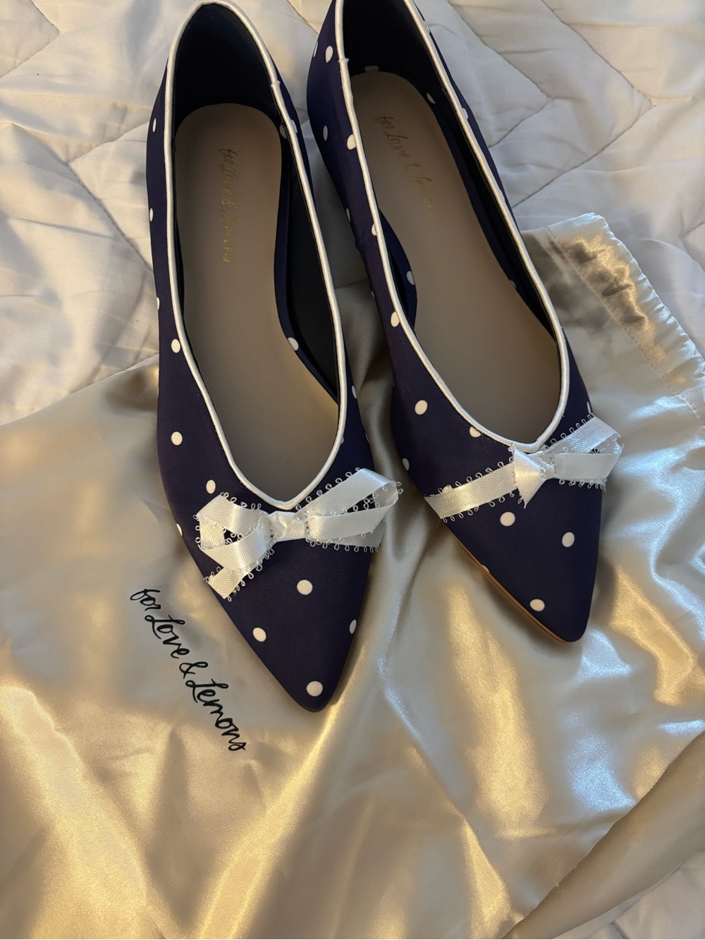 For Love And Lemons Navy Polka Dot Pointed Flats with White Bow Trim